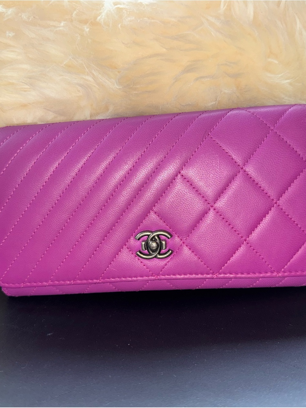 CHANEL Quilted Lambskin Wallet with Silver CC in Bright Fuchsia